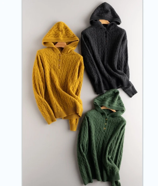 纯山羊绒加厚麻花连帽衫秋冬打底毛衣针织衫百搭套头带帽羊绒衫