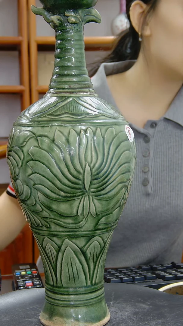 瓶磁州窑绿釉牡丹纹长颈花口瓶#1375#