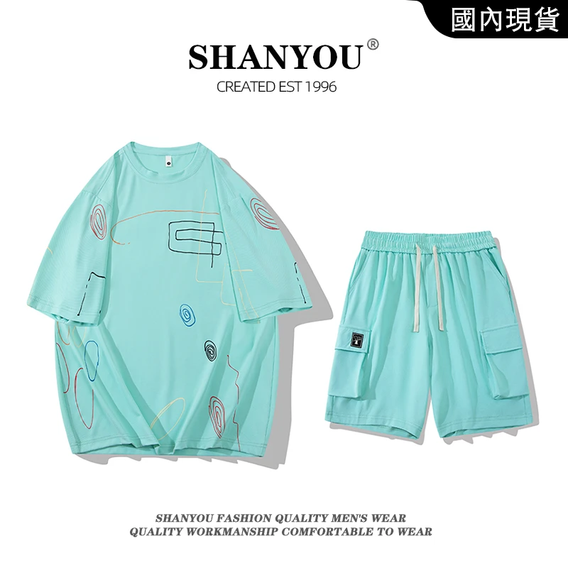 男生夏季2025新款冰感短裤T恤套装美式百搭男装宽松时尚短裤套装