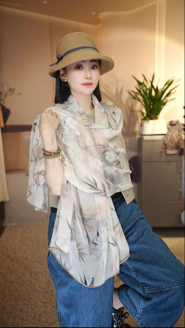 K（白扣）p20 【竹影轻舞】 乔其双绉180*90左右精致长巾