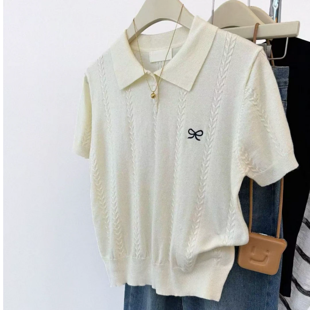 冰丝针织韩系翻领短袖t恤女夏蝴蝶结刺绣围巾针织开衫薄牛仔