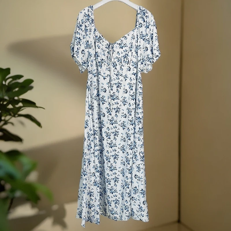 9187抽绳可调节款碎花夏季连衣裙宽松收腰长裙裙子气质长款连衣裙