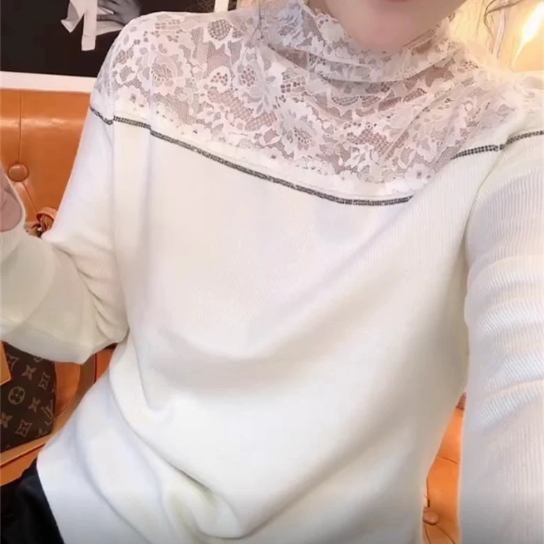 温柔风立领蕾丝拼接毛衣女2025秋冬新款气质套头显瘦打底衫上衣潮