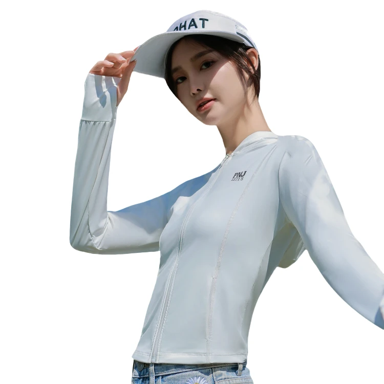 夏季女款原纱长袖户外运动小蛮腰轻薄修身连帽防晒衣