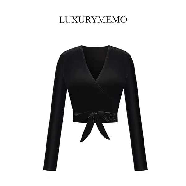 LUXURYMEMO【刘熊熊】黑色法式丝绒上衣短款女复古时尚修身衬衫24