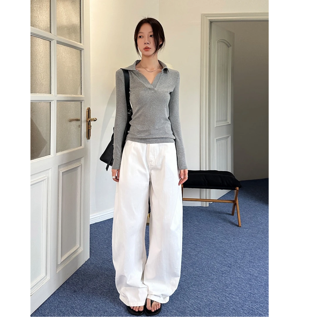 Vswhat韩版垂感显瘦拖地弯刀长裤休闲白色裤子女高腰美式百搭夏季