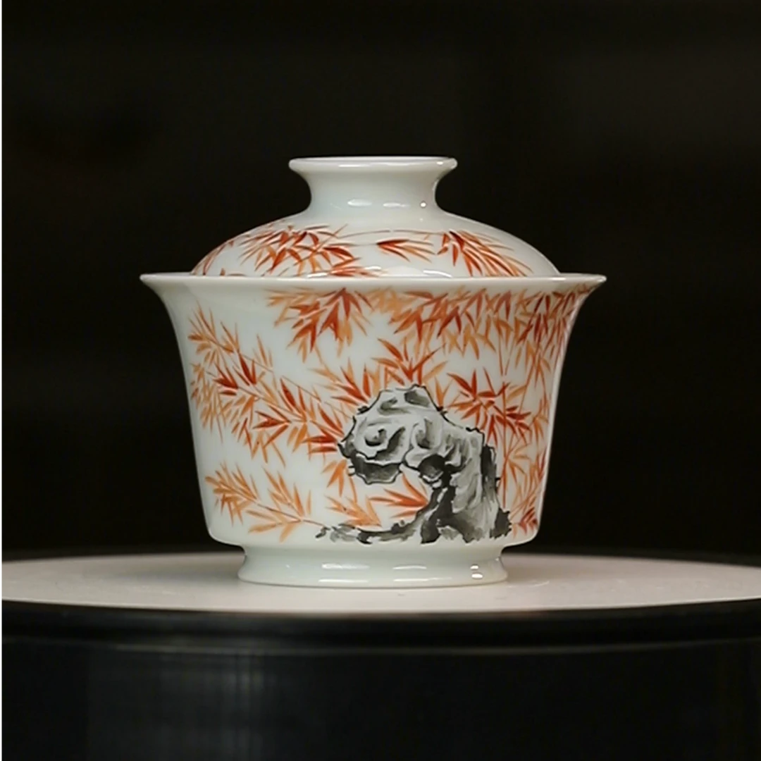 12.23/M2B42/甫生雅集/矾红竹石盖碗