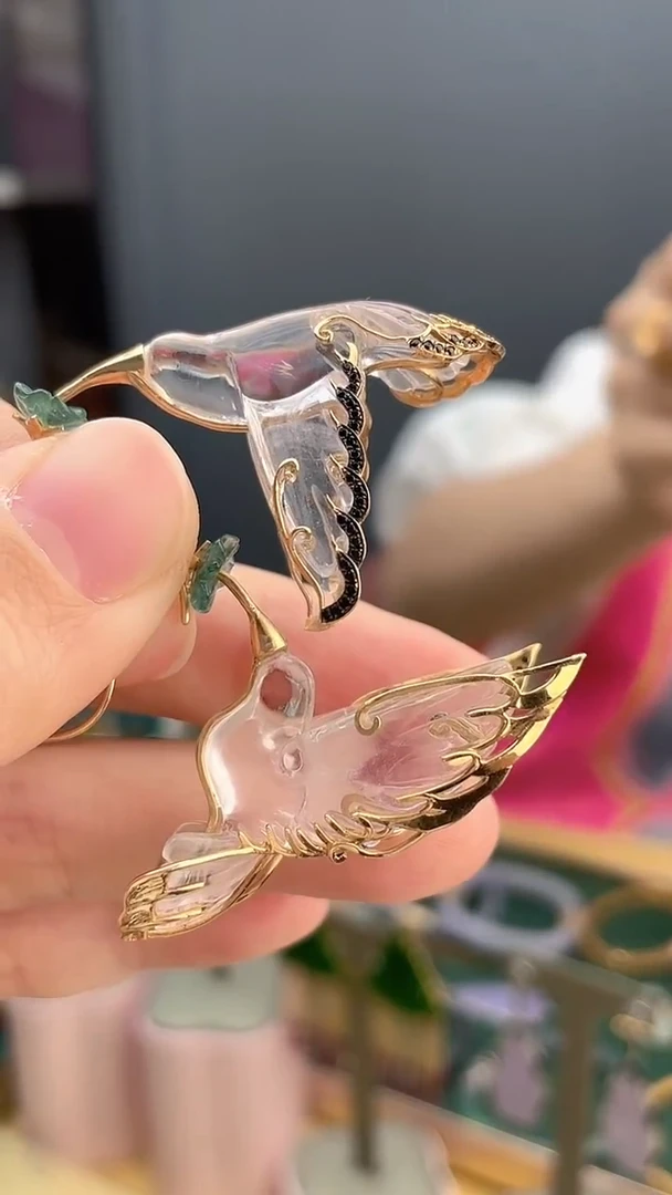 18K金镶嵌耳饰水晶AB款水晶小鸟耳饰18k金