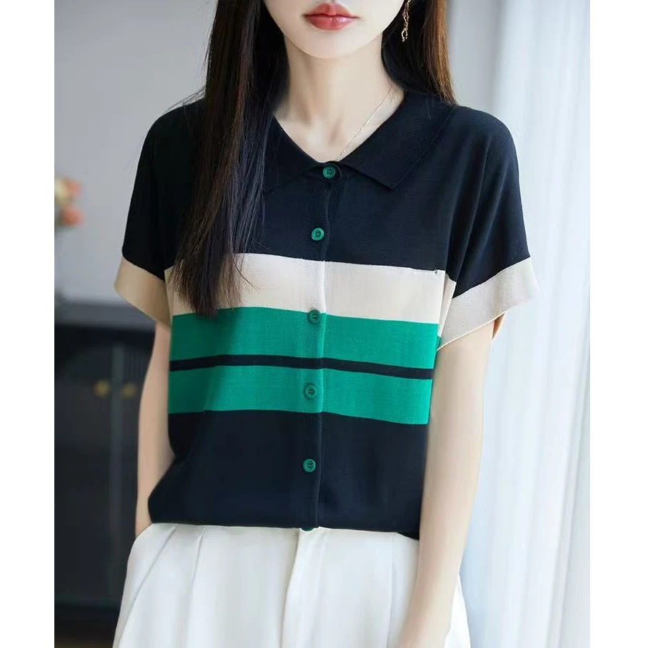 莱赛尔天丝短袖开衫polo领薄款T恤宽松条纹撞色T恤