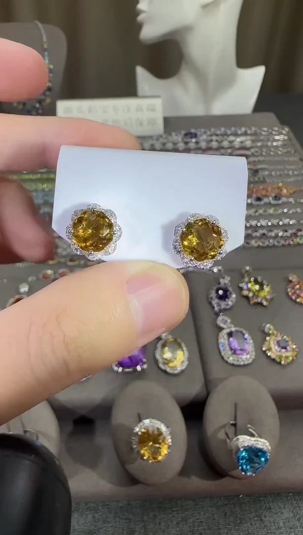 银S925镶嵌耳饰黄晶10mm耳钉玫瑰款