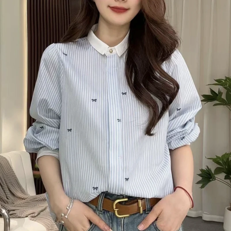 9410新款复古撞色翻领条纹印花蝴蝶结长袖衬衫