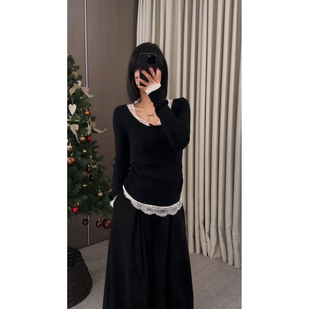 【ZZ严选】71360法式蕾丝捏褶修身针织衫女内搭外穿毛衣秋冬