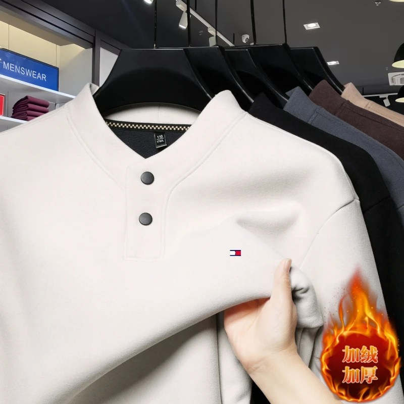Tommy汤米德绒加绒打底衫两粒扣卫衣男士休闲秋冬加绒加厚保暖衣