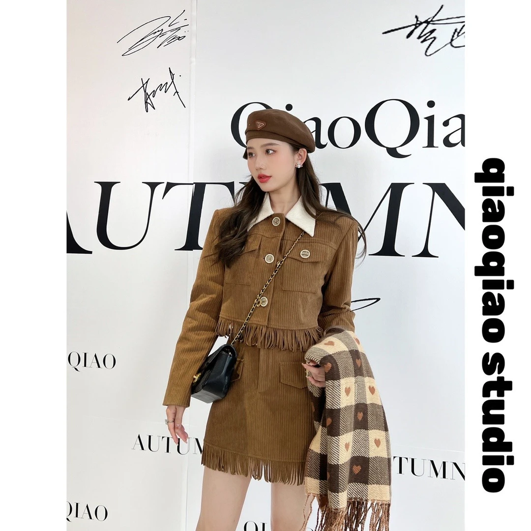 12清WW2209213秋冬灯芯绒显瘦洋气流苏短款外套