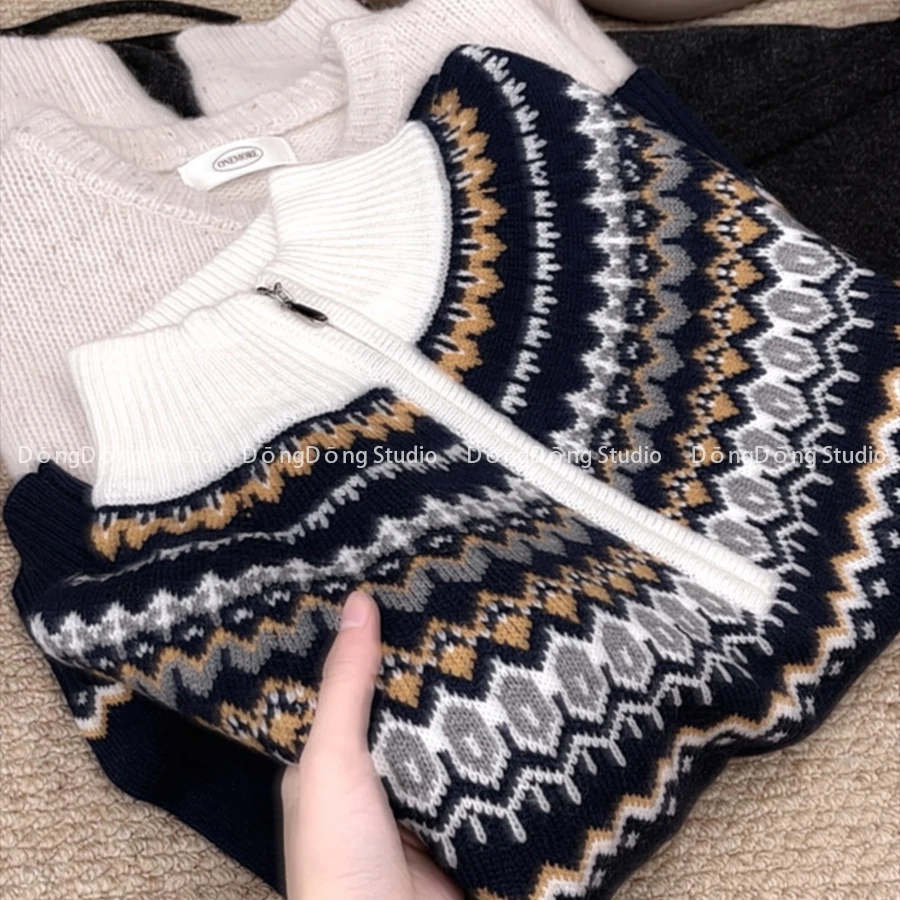 特！售完无补！费尔岛提花拉链半高领套头宽松长袖针织衫毛衣 7111