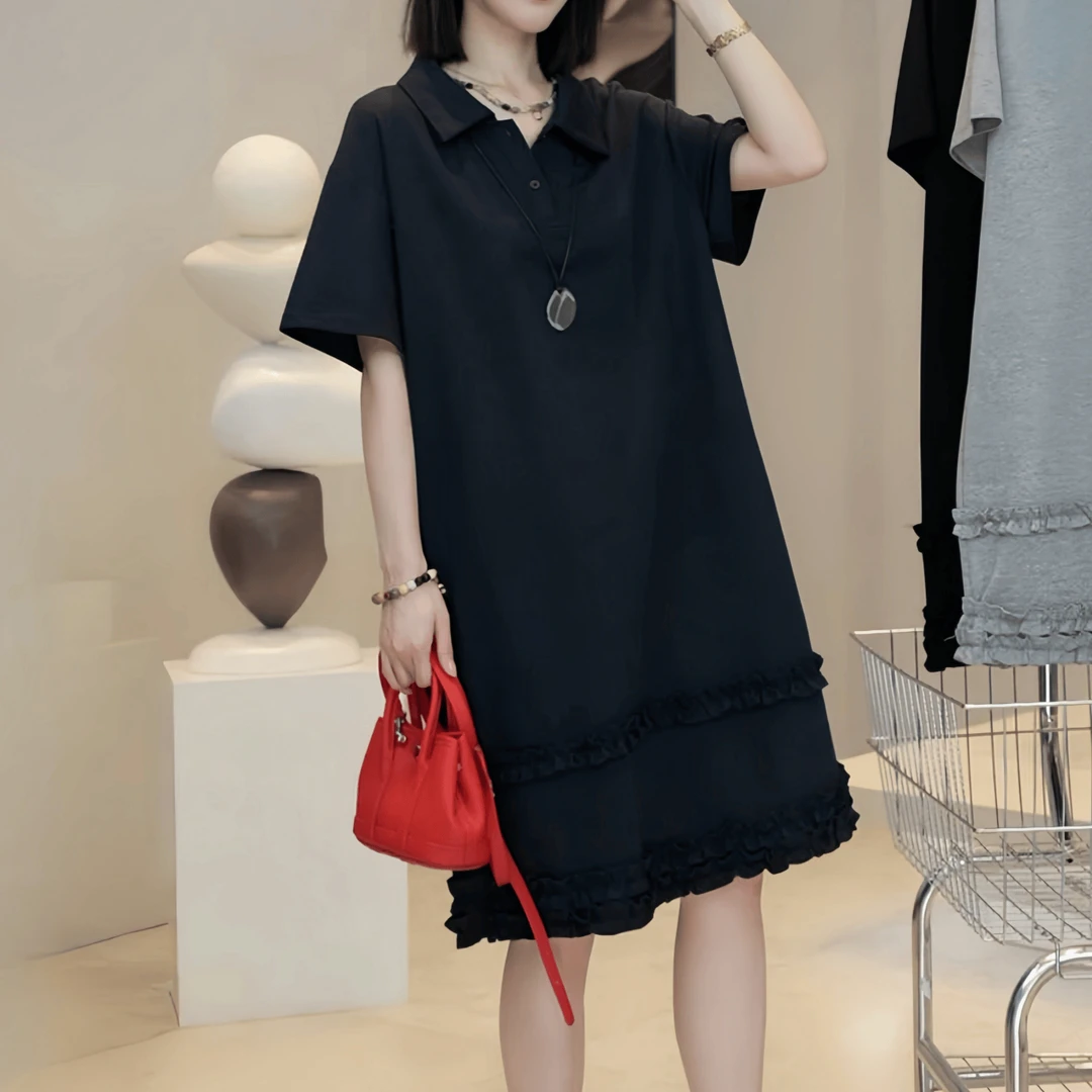 欧货木耳边直筒女士连衣裙2025夏季大码胖MM新款洋气漂亮流行裙子