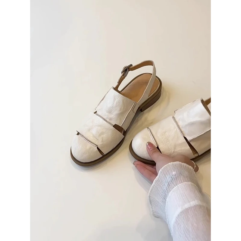 羊皮版~镂空包头后绊带百搭低跟凉鞋复古老钱风休闲通勤罗马鞋女