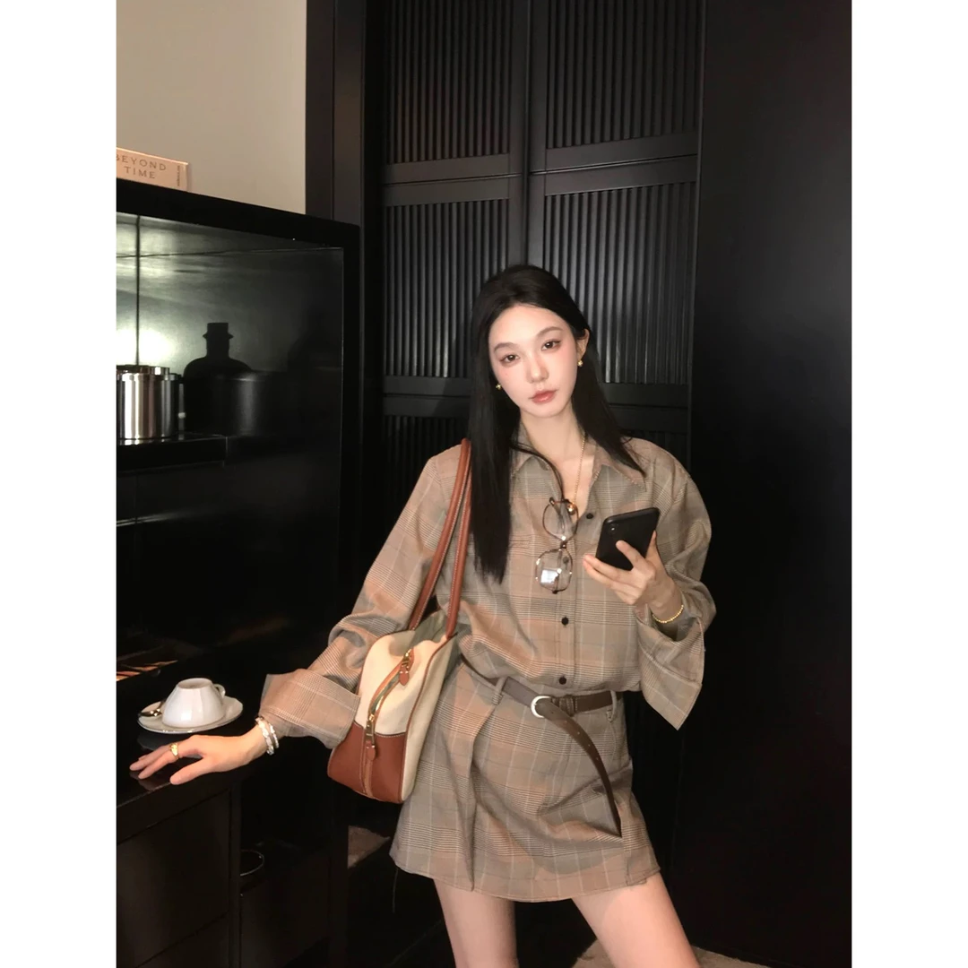 千鸟格子衬衫女夏季新款设计感小众复古衬衫宽松长袖上衣C 9258#