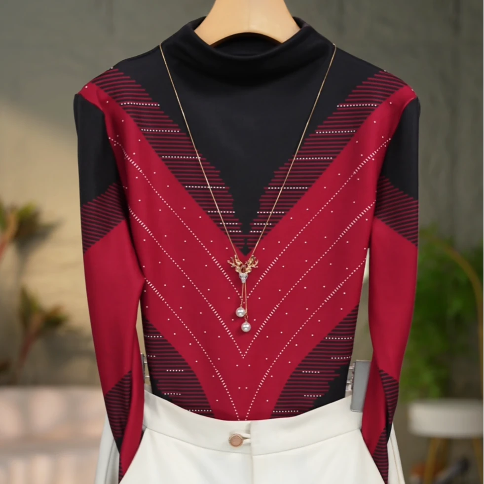 571#洋气高贵半高领打底衫时尚显瘦百搭海岛绒长袖修身显瘦T恤