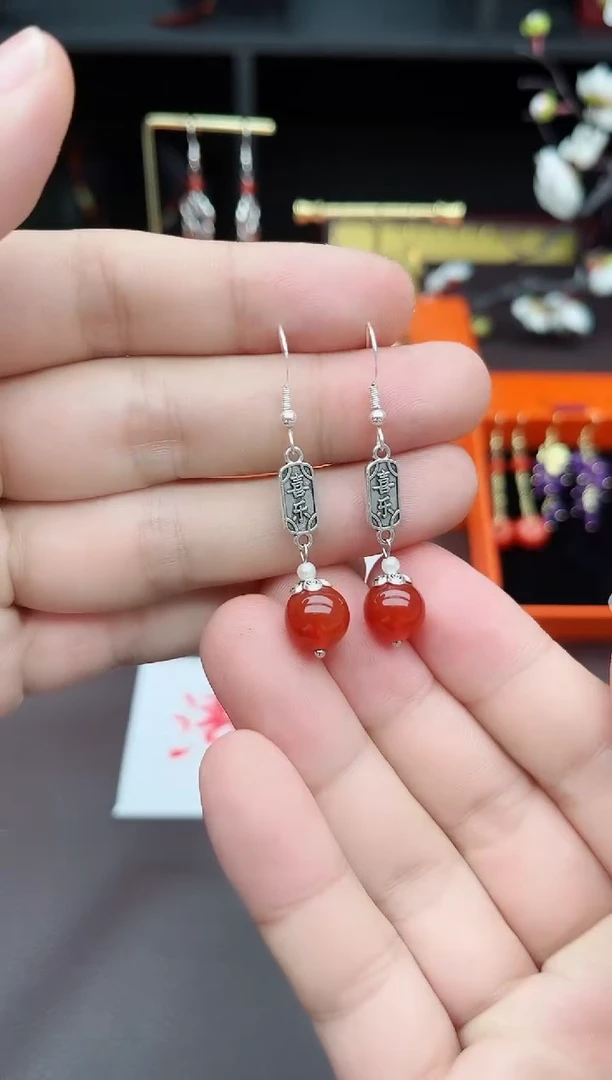 南红玛瑙银S925镶嵌耳饰73000
