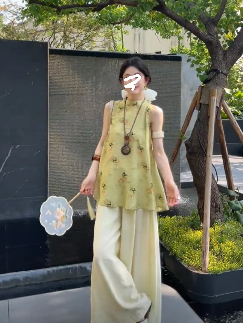 2025夏季新款新中式清冷感禅意套装国风改良旗袍上衣阔腿裤两件套