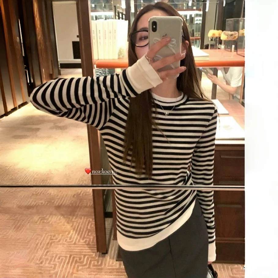 中大童女童打底2025年春季百搭条纹显瘦长袖韩版灰黑条高弹T恤