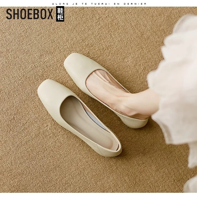 SHOEBOX鞋柜女平底2025新款法式晚晚风浅口方头单鞋软皮底豆豆鞋