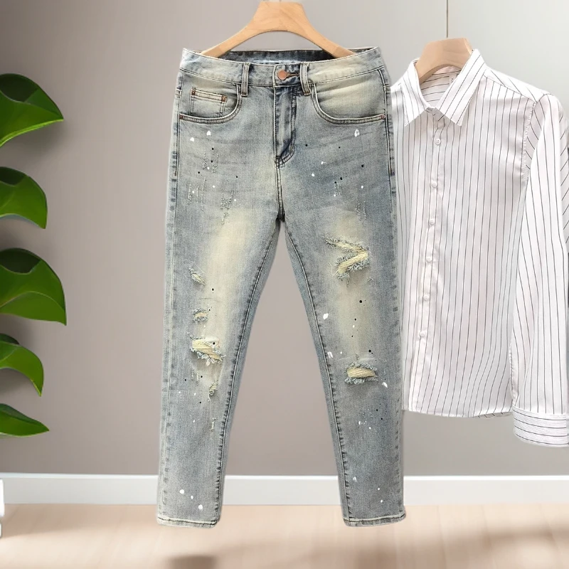 吉伦略索夏季泼墨牛仔裤高端潮流破洞男士九分裤修身帅气小脚裤子