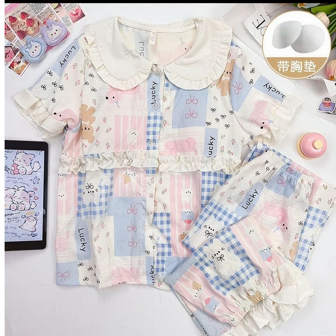 【花园小猫】夏季韩系少女卡通云朵棉带胸垫睡衣可外穿家居服三件套