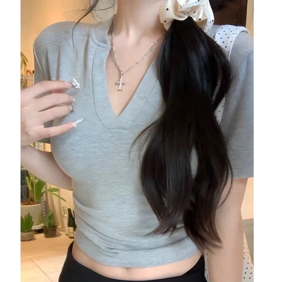 【运补6-8】修身正肩v领纯欲百搭t恤女2025新款爆款韩版辣妹衣服女