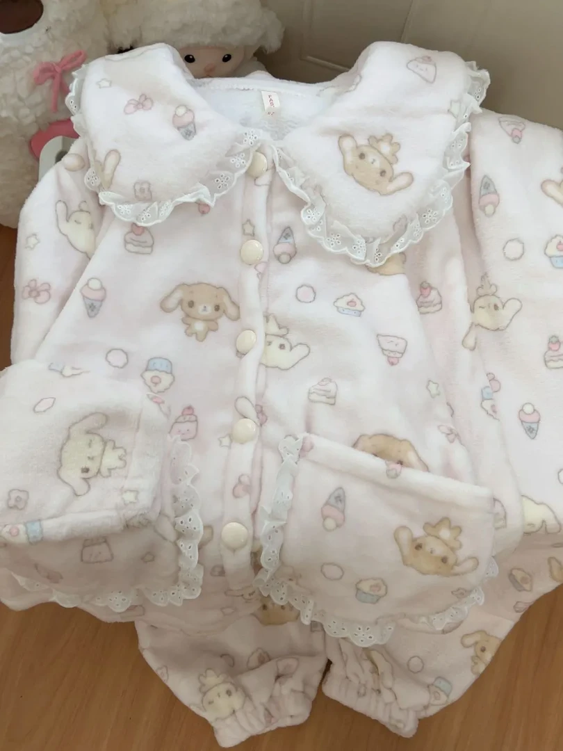 卡通甜点兔冬季INS睡衣女法兰绒甜美可爱加绒加厚冬天休闲家居服