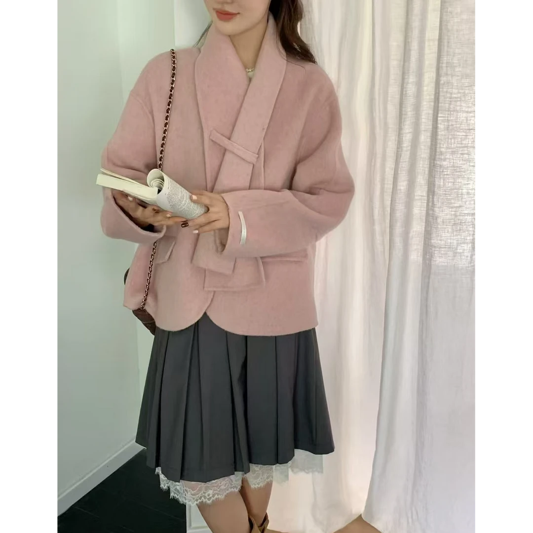 2025春季小香风双面羊毛小个子围巾款粉色大衣短款百搭8410