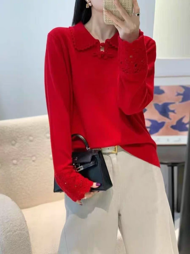 100%纯羊毛开衫翻领女中国结中国红软糯红色羊毛衫女士Polo领毛衣