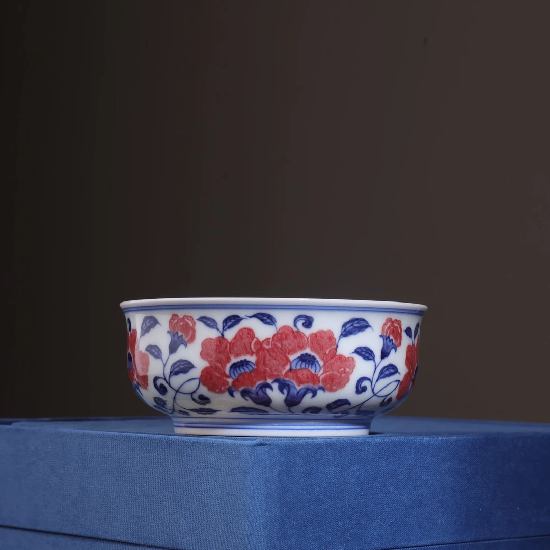 沐茗古韵青花釉里红石榴花矮如是杯