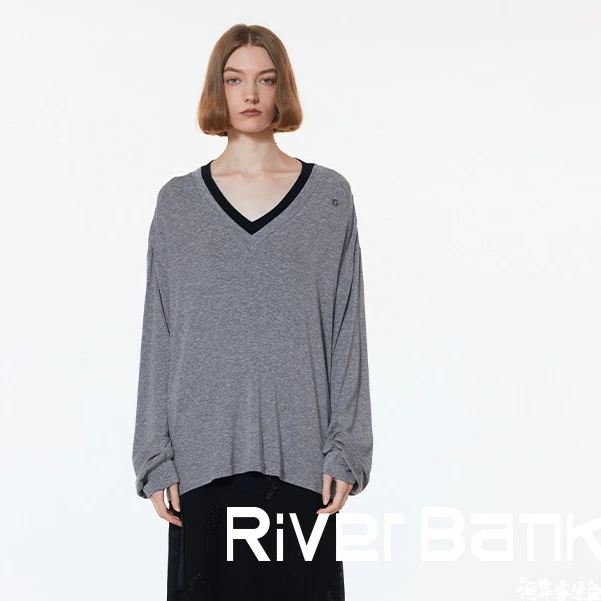 河岸家买手店设计师UHOOWU宽松假两件V领羊毛长袖T恤女25春