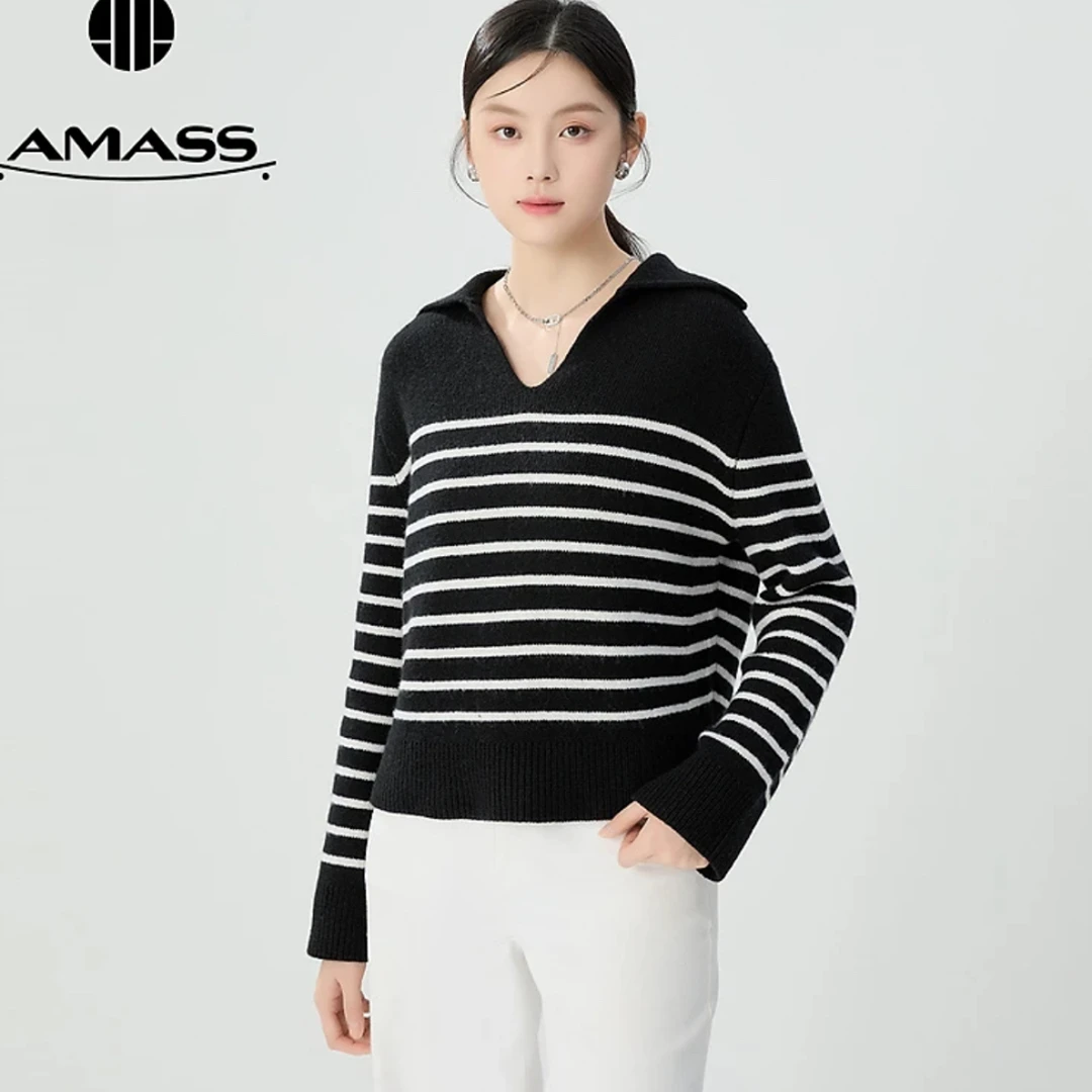 【阿玛施AMASS】5399750新款经典海军风条纹大翻领宽松廓形针织衫