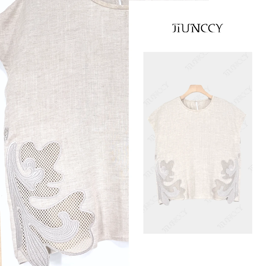 JIUNCCY【云影】亚麻天丝拼接重工绣花格圆领连肩短袖上衣 52YCY139