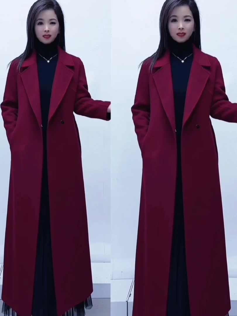 金秋格羊毛100加长125厘米左右双面羊毛大衣时尚轻奢修身显瘦