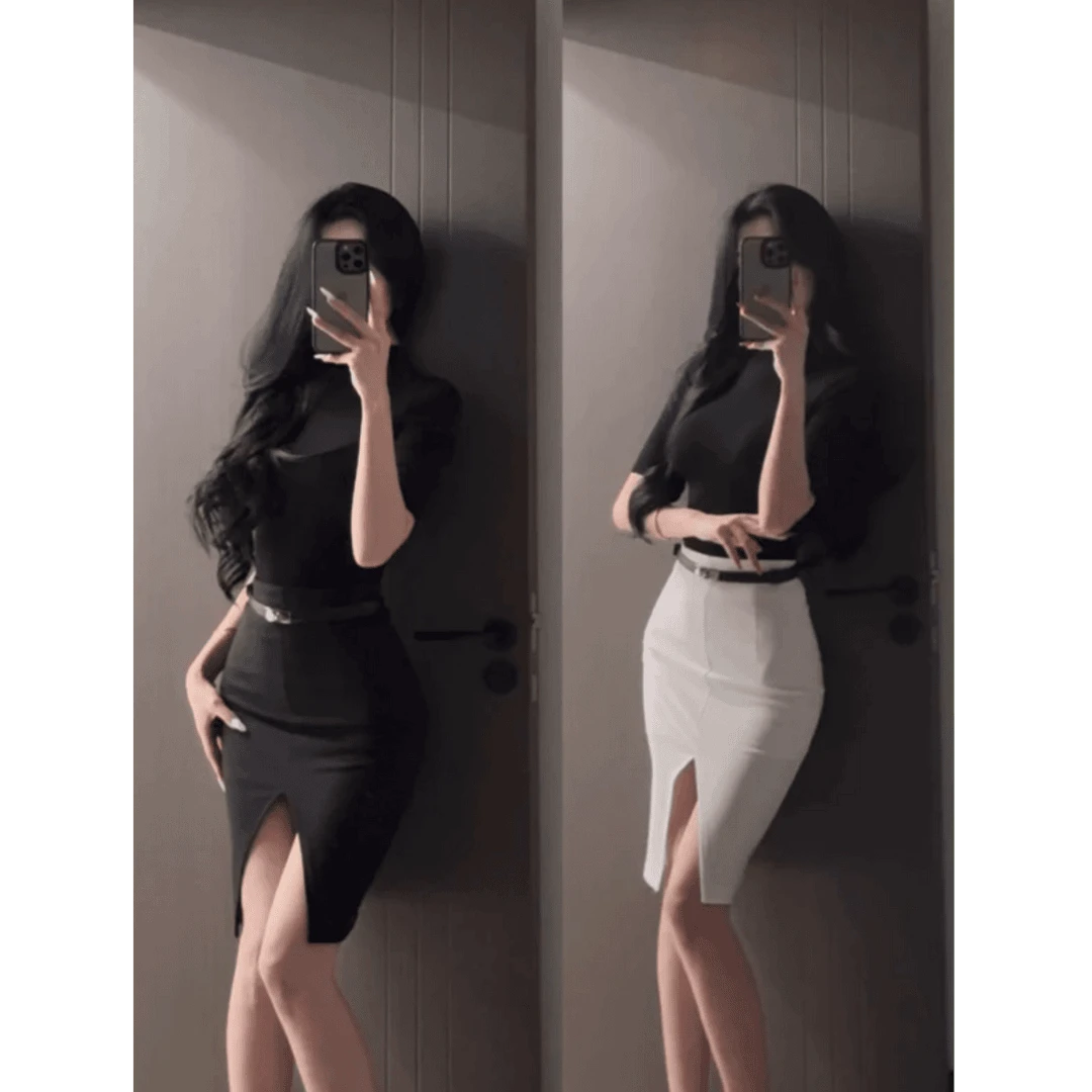洋气女装气质御姐风套装夏季黑色高领半袖T恤上衣包臀开叉半身裙