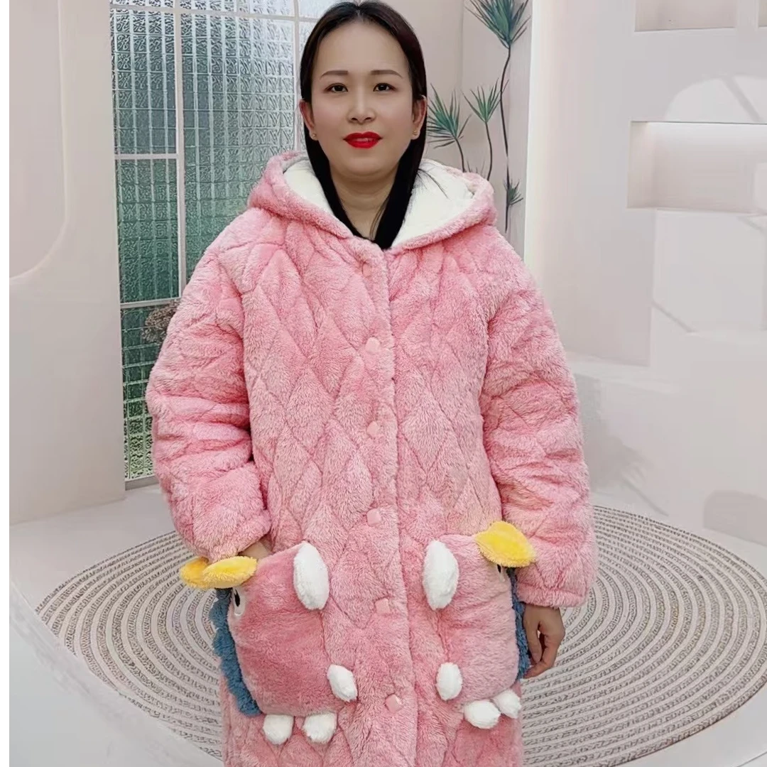 冬季女士长款舒棉绒三层加棉加厚睡衣套装加厚保暖可外穿D16hx