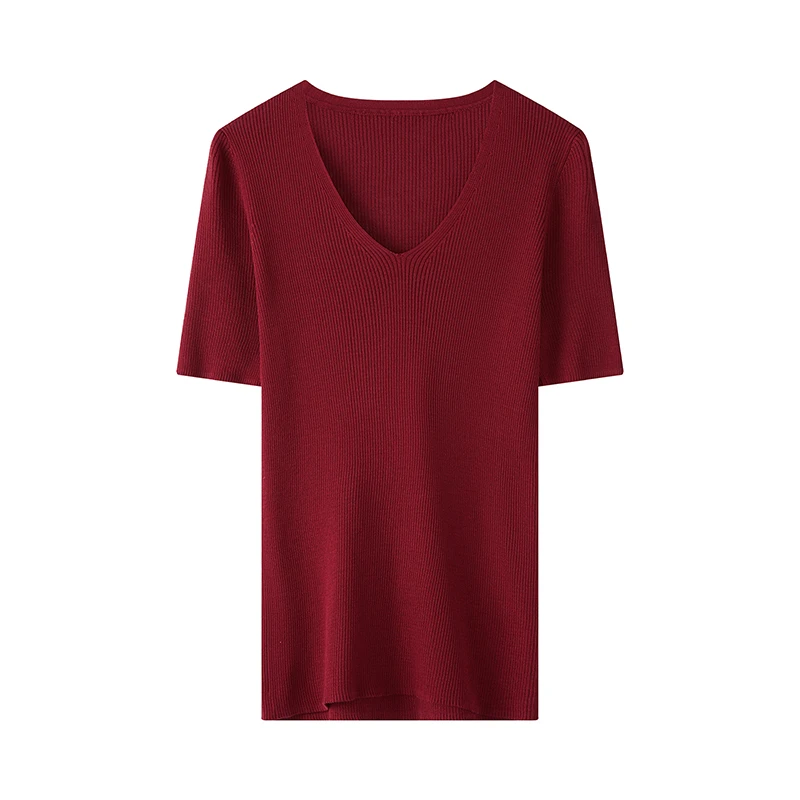 夏季新款真丝莱塞尔女士显瘦时尚气质修身T恤针织衫V领2681
