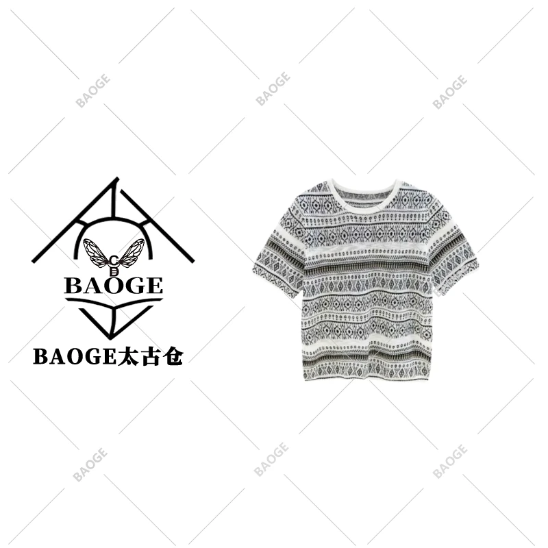 【BAOGE太古仓】复古提花时尚休闲百搭圆领短袖上衣msl147