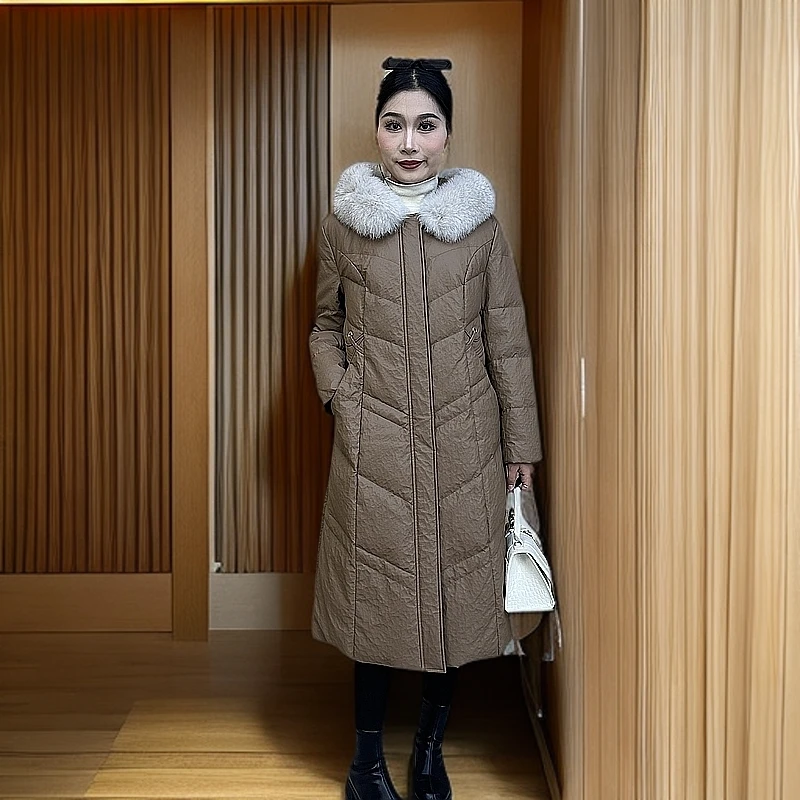 2024羽绒服时尚连帽中长款保暖冬季女装女士气质休闲收腰修身过膝