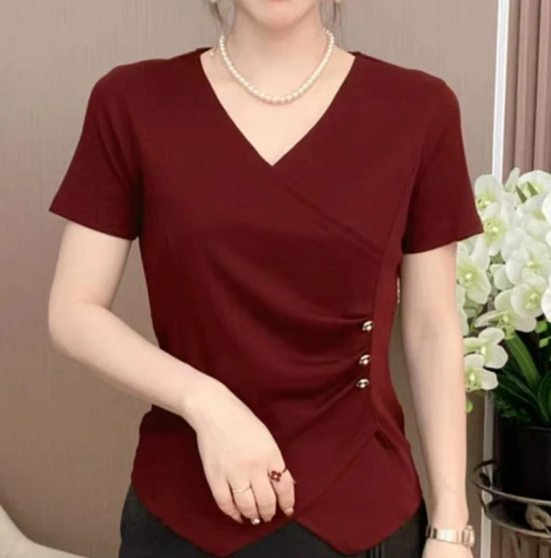 三色显瘦气质时尚夏季v领设计感女装t恤夏装纯色洋气短款百搭打底