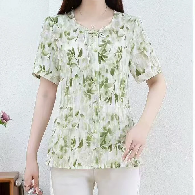 夏季新款妈妈装气质时尚短袖收腰显瘦碎花大码遮肚子圆领衬衫上衣