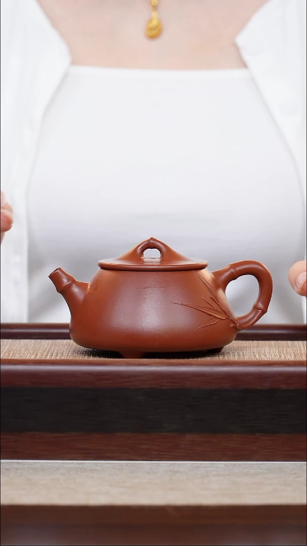 朱泥贴竹石瓢180cc宜兴手工紫砂壶