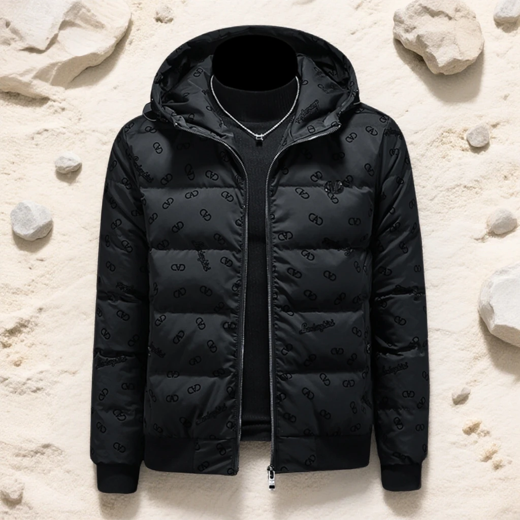 诺顿雷斯重工植绒印花个性羽绒服男冬季新款男士潮牌休闲连帽外套