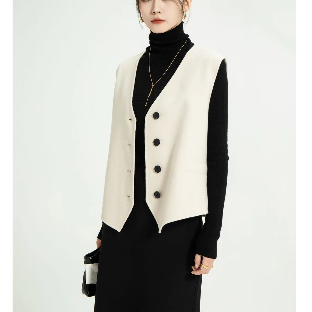 【现货】早春羊毛山羊绒马夹 简约V领毛呢无袖外套复古双面绒马夹