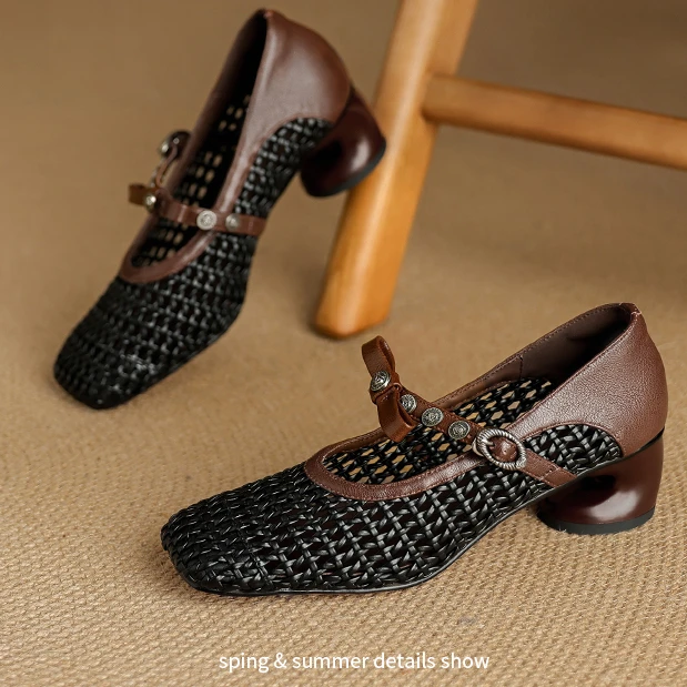 牛皮5公分/夏季新款法式编织粗跟单鞋优雅方头舒适中跟时尚女鞋