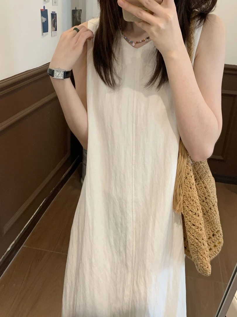 气质法式宽松中长款无袖纯色设计感连衣裙 韩版夏季百搭白色显瘦